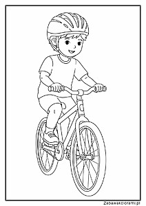 Chłopczyk na rowerze z kaskiem, rower z dwoma kołami, ramą, kierownicą i pedałami.