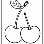 Kolorowanka przedstawia dwie czereśnie na gałązce z jednym liściem.