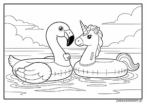 Kolorowanka dmuchany flaming z kwiatkiem w dziobie i jednorożec z rogiem na głowie na wodzie