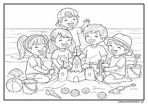 Kolorowanka dzieci bawiące się na plaży z piaskownicą i zabawkami
