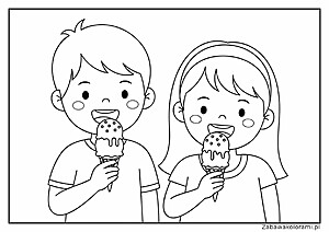 Kolorowanka z dwoma dziećmi jedzącymi lody w kremówkach z dodatkami