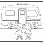 Kolorowanka z dwójką dzieci i kamperem