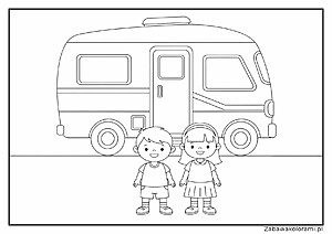 Kolorowanka z dwójką dzieci i kamperem