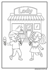 Dzieci przed lodziarnią z lodami w rękach. Lodziarnia z napisem Lody, oknami i drzwiami. W środku lodziarni widoczny jest lad i pojemniki z lodami.