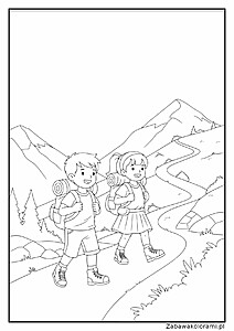 Kolorowanka z dwójką dzieci na szlaku górskim, oboje mają plecaki i ubrania odpowiednie do wędrówki