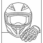 Kolorowanka przedstawiająca kask motocyklowy z wentylacjami oraz rękawiczkę z wieloma segmentami