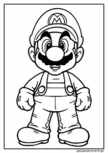 Kolorowanka przedstawiająca Mario. Mario ma czapkę z literą M, wąsy i kombinezon. Mario uśmiecha się