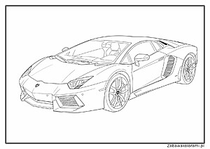 Kolorowanka Lamborghini Aventador z charakterystycznymi elementami, takimi jak przednie wentylacje, logo Lamborghini, skrzydło tylne i wieloramienne koła.