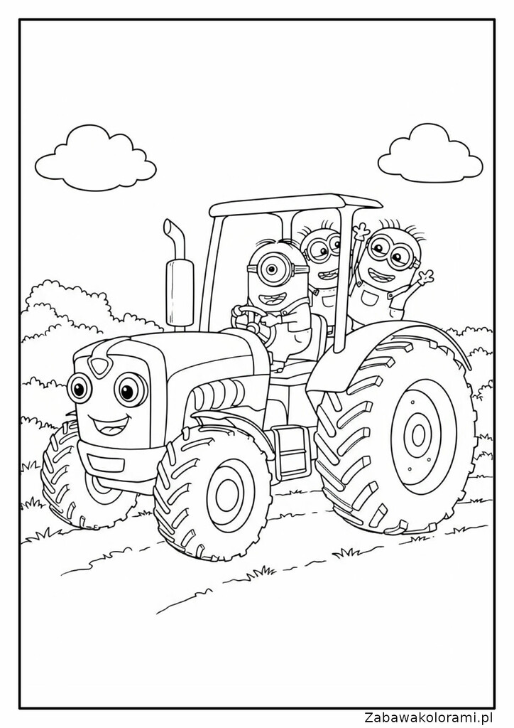 Kolorowanka z trzema Minionkami na traktorze z przyjaznym wyrazem twarzy, traktorem z kabiną i jednym Minionkiem machającym, tłem z polem, trawą i chmurami