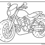 Kolorowanka motocykl z detalami, takimi jak światło, kierownica, siodełko, silnik, wydechy i koła.