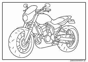 Kolorowanka motocykl z detalami, takimi jak światło, kierownica, siodełko, silnik, wydechy i koła.