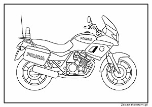 Kolorowanka motor policyjny z napisem POLICJA, syreną, schowkiem i godłem.