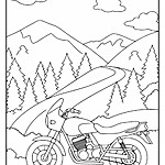 Kolorowanka z motocyklem, górami, drzewami i krętą drogą