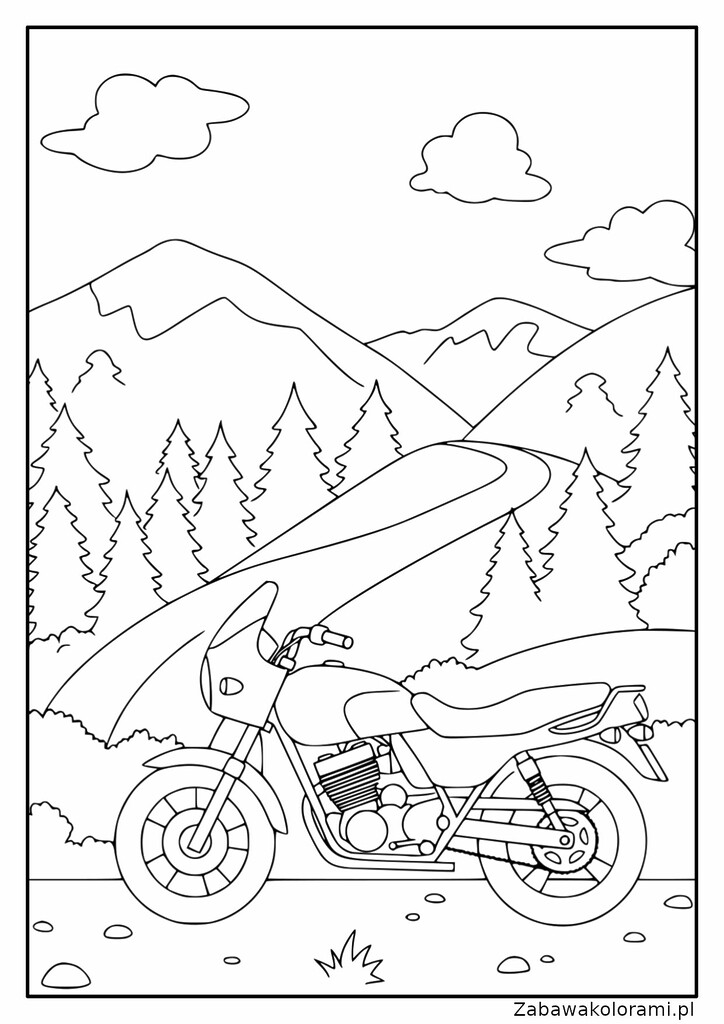 Kolorowanka z motocyklem, górami, drzewami i krętą drogą