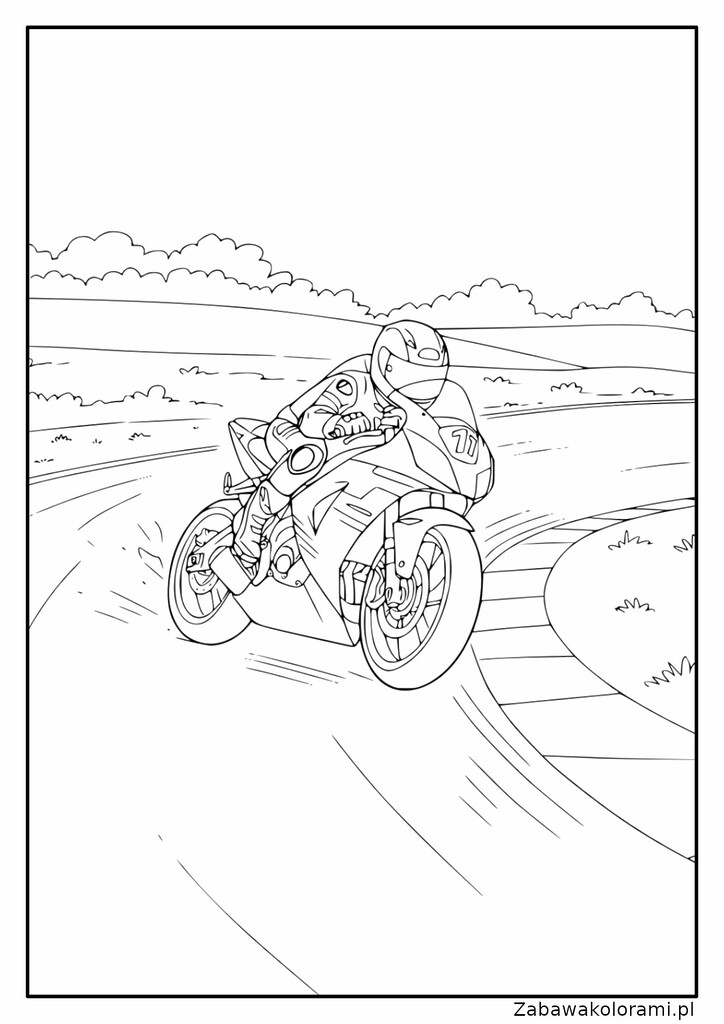 Kolorowanka przedstawia motorzystę na motocyklu sportowym na krętej drodze, z krajobrazem z pagórkami i chmurami na tle