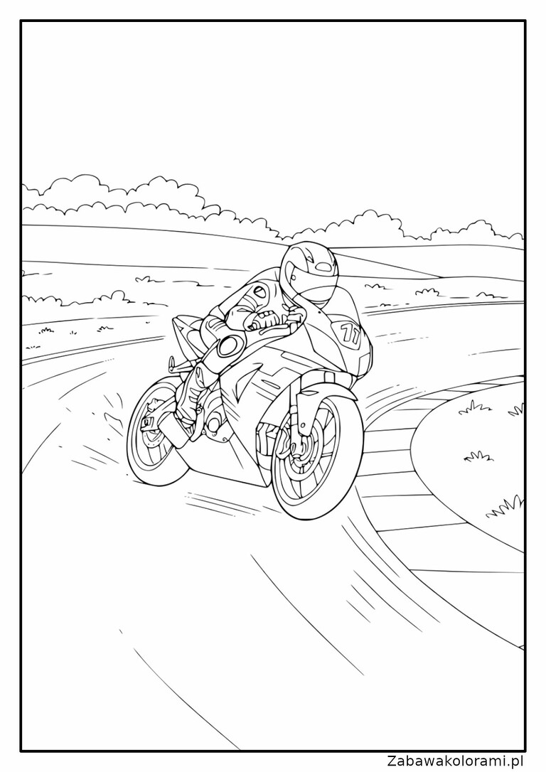 Kolorowanka przedstawia motorzystę na motocyklu sportowym na krętej drodze, z krajobrazem z pagórkami i chmurami na tle