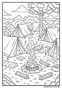 Kolorowanka obóz letni z namiotami, ogniskiem, śpiworami i sprzętem obozowym