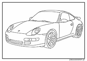 Kolorowanka samochodu sportowego Porsche 911 z detalami, takimi jak reflektory, lusterka boczne, koła i sylwetka samochodu