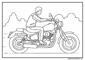 Kolorowanka przedstawiająca osobę na motocyklu z klasycznym silnikiem, dużym przednim kołem i mniejszym tylnym kołem. Jeździec trzyma się kierownicy, motocykl ma przednie i tylne światło. Tło zawiera chmury.