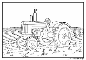 Kolorowanka przedstawia traktor z dużymi kołami i wydechem oraz pola z uprawami.