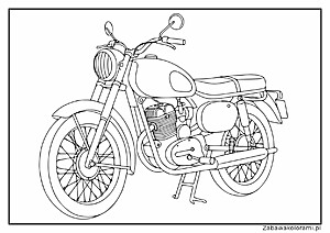 Kolorowanka motocyklu z detalami, takimi jak reflektor, kierownica, zbiornik paliwa, silnik, wydechy i koła