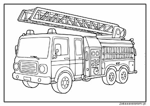 Samochód straży pożarnej z drabiną, przednimi światłami. Na bokach widoczne są różne przedziały i wyposażenie.