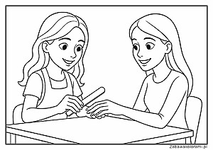 Kolorowanka z dwiema dziewczynami siedzącymi przy stole, jedna z telefonem w ręku, obie z uśmiechniętymi twarzami