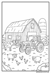 Kolorowanka traktor z zwierzętami na farmie. Na obrazku widoczny jest traktor, budynek gospodarczy, krówka, świnka, kurki oraz krzewy