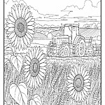 Kolorowanka z letnim polem, słońcem, traktorami i maszynami rolniczymi