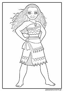 Vaiana z filmu Disney z długimi falującymi włosami, tradycyjnym ubiorem z wzorami, spódnicą z wzorem zygzakowym, naszyjnikiem i rękami na biodrach.