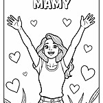Kolorowanka przedstawiająca radosną dziewczynkę z podniesionymi rękami, otoczoną serduszkami. Na tle trawki.
