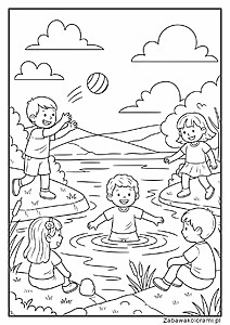 Kolorowanka dzieci nad jeziorem, dzieci bawiące się na kamieniach, w wodzie i na brzegu jeziora, tło z rzeką, chmurami i dalekimi wzgórzami