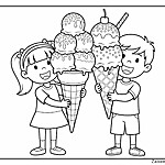 Dzieci z dużymi lodami, dziewczynka w sukni, chłopiec w szortach, lody z czereśniami i polewą