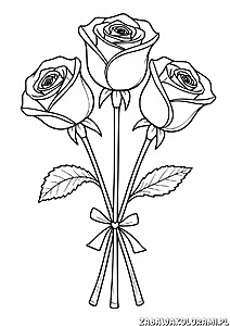 Kolorowanka przedstawiająca bukiet z trzema różami i liśćmi, związany wstążką.