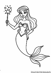 Syrenka z długimi włosami, różdżką z gwiazdkami, biustonosz z muszli i ogon syreni