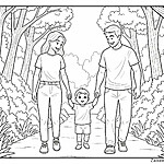 Rodzina z trzema członkami spacerująca przez las pełny drzew i gęstego krzewu