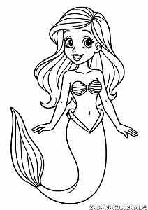 Syrenka z długimi włosami, muszelkowym bikini i uśmiechnięta twarz, z elegancko zakrzywionym ogonem