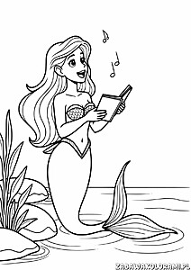 Kolorowanka przedstawiająca syrenę z długimi włosami czytającą książkę, w muszlowym topie, na skałce obok wody, otoczoną roślinami wodnymi, z nutami nad głową.