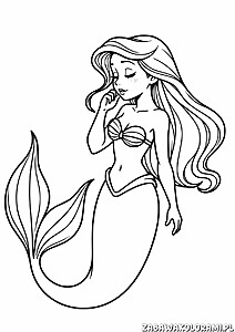 Syrena z długimi włosami, w pozycji klasycznej z jedną ręką na brodzie i drugą wyciągniętą, w muszelkowym bikini top, z elegancko zakrzywionym ogonem.