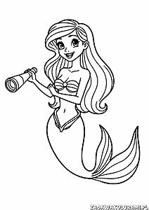 Syrena z lunetą w ręku, długie włosy, ogon ryby, muszla na piersi