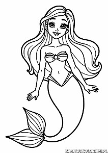 Kolorowanka przedstawia syrenkę z długimi włosami, bikini topem, uśmiechniętą twarzą, lekko zgiętym ramieniem i ręką na biodrze. Syrenka ma elegancko zakrzywiony ogon z widocznymi łuskami.