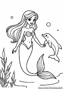 Syrenka z długimi włosami, w muszlowym topie, trzymająca delfina za płetwę, otoczona bąbelkami i roślinami wodnymi