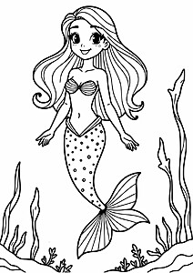 Syrenka z długimi włosami, w koraliku z muszlą, ogon z płetwą, rośliny wodne i koral