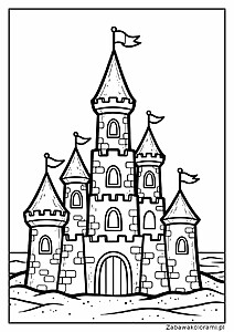 Kolorowanka przedstawia zamek z piasku z wieżami, flagami, oknami i bramą wejściową. Na tle widoczny jest plażowy piasek i delikatne fale.
