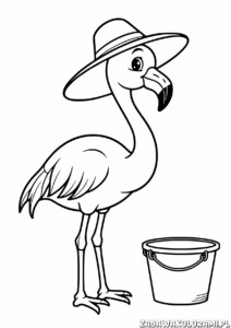 Kolorowanka przedstawia flaminga w kapeluszu stojącego na jednej nodze z koszem obok