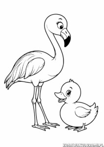 Kolorowanka przedstawiająca flaminga z pisklęciem