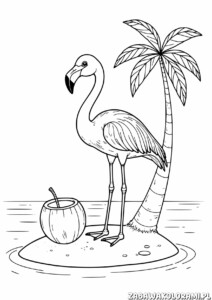Kolorowanka przedstawia flaminga na wyspie z palmą i kokosem