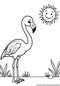 Kolorowanka przedstawia flaminga z uśmiechniętym słoneczkiem nad nim