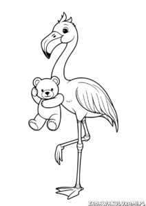 Kolorowanka przedstawiająca flaminga z misiem w dziobie