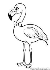 Kolorowanka przedstawiająca flaminga z muszką